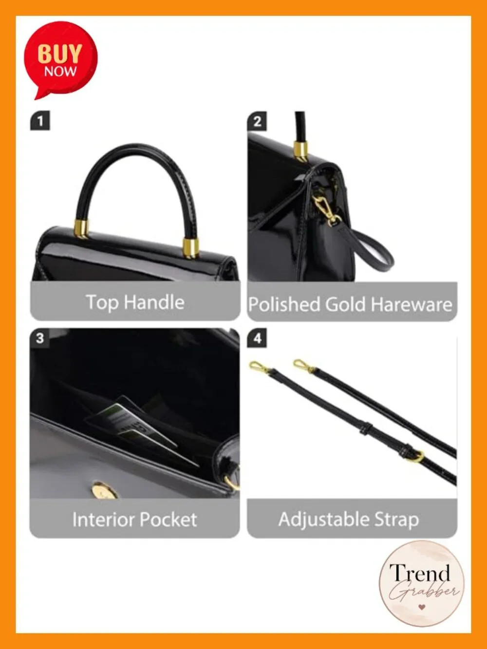 Patent Leather Top Handle Crossbody Clutch Purse with Detachable Strap